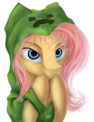 Size: 1183x1536 | Tagged: safe, artist:sa-loony, fluttershy, pegasus, pony, g4, clothes, costume, creeper, creepershy, female, hoodie, minecraft, parody, simple background, solo
