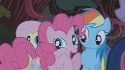 Size: 600x338 | Tagged: safe, screencap, fluttershy, pinkie pie, rainbow dash, twilight sparkle, pony, friendship is magic, g4, season 1, animated, blinking, female, laughter song, wiggle