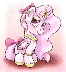 Size: 920x1000 | Tagged: safe, artist:joakaha, princess celestia, g4, blushing, bracelet, cewestia, cute, cutelestia, earring, eyeshadow, female, filly, horn, horn ring, jewelry, looking at you, necklace, piercing, pink-mane celestia, sitting, smiling, solo, tail bow, wing jewelry, wing ring, younger