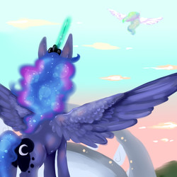 Size: 2000x2000 | Tagged: safe, artist:saoiirse, princess celestia, princess luna, g4, elements of power, flying, high res, large wings