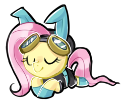 Size: 519x420 | Tagged: safe, artist:kaji-tanii, fluttershy, pegasus, pony, g4, bunny ears, chibi, clothes, costume, dangerous mission outfit, eyes closed, female, goggles, hoodie, lying, mare, simple background, solo, transparent background