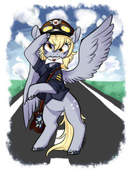 Size: 720x936 | Tagged: safe, artist:techtechno, derpy hooves, pony, g4, bag, bipedal, clothes, cloud, cloudy, female, goggles, hat, letter, mail, mailbag, mailmare, mailpony, mouth hold, plushie, salute, solo, uniform, unshorn fetlocks