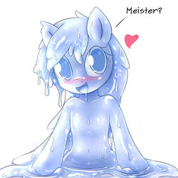 Size: 2000x2000 | Tagged: safe, artist:aryanne, oc, oc only, oc:aryanne, goo pony, original species, semi-anthro, blushing, dripping, female, german, happy, heart, high res, jelly, leaning, liquids, master, puddle, slime, solo, upper body