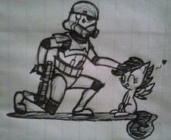 Size: 467x383 | Tagged: safe, artist:cross, scootaloo, human, g4, armor, cute, cutealoo, gun, happy, heart, monochrome, petting, scootalove, smiling, soldier, spread wings, star wars, stormtrooper, tongue out, traditional art