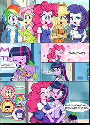Size: 2466x3425 | Tagged: safe, artist:lucy-tan, applejack, fluttershy, pinkie pie, rainbow dash, rarity, sci-twi, spike, spike the regular dog, twilight sparkle, dog, equestria girls, g4, :3, blushing, comic, engrish, eyes closed, female, frown, high res, hilarious in hindsight, hug, humane five, humane six, lesbian, open mouth, ship:twinkie, shipping, smiling, spike the dog, sweatdrop, tongue out, wink