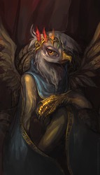 Size: 1500x2625 | Tagged: safe, artist:bloodrizer, gilda, griffon, g4, clothes, feather, female, solo, spread wings, throne, wings