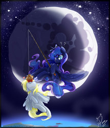 Size: 800x929 | Tagged: safe, artist:pomnoi, derpy hooves, princess luna, pegasus, pony, g4, dreamworks, female, fishing, flying, lesbian, mare, mare in the moon, moon, muffin, ship:lunaderp, shipping, tangible heavenly object