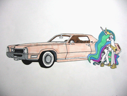 Size: 1024x768 | Tagged: safe, artist:patridam, princess celestia, g4, cadillac, cadillac eldorado, car, female, solo, traditional art