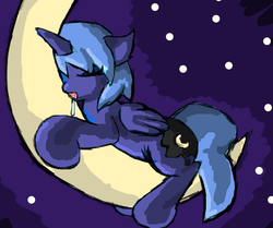 Size: 729x608 | Tagged: safe, artist:kingprisman, princess luna, g4, crescent moon, drool, female, filly, moon, s1 luna, sleeping, solo, tangible heavenly object, transparent moon, woona