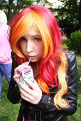 Size: 1365x2048 | Tagged: safe, artist:littlemissbloo, sunset shimmer, human, equestria girls, g4, clothes, cosplay, everfree northwest, everfree northwest 2014, irl, irl human, juice box, leather jacket, photo, solo