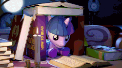 Size: 960x540 | Tagged: safe, artist:spectre-z, daring do, twilight sparkle, pony, unicorn, journal of the two sisters, 3d, animated, bed, book, book fort, candle, clothes, cute, dark, female, golden oaks library, interior, loop, lying, magic, mare, night, prone, reading, socks, solo, striped socks, twiabetes, unicorn twilight, window