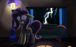 Size: 3125x1950 | Tagged: safe, artist:ponimichla, fluttershy, g4, fear of thunder, female, lightning, scared, solo, startled, thunder