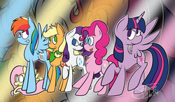 Size: 2789x1633 | Tagged: safe, artist:janicethefurry, applejack, fluttershy, pinkie pie, rainbow dash, rarity, twilight sparkle, alicorn, pony, g4, female, mane six, mare, twilight sparkle (alicorn)