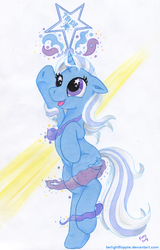 Size: 800x1252 | Tagged: safe, artist:foxxy-arts, trixie, pony, g4, belly button, bipedal, cute, female, float, magic, solo, stars, traditional art, tricks