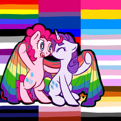 Size: 1000x1000 | Tagged: safe, artist:rastaquouere69, pinkie pie, rarity, earth pony, pony, unicorn, ask rarity and pinkie, g4, asexual, asexual pride flag, bear pride flag, bisexual pride flag, bisexuality, female, flag, gay pride, gay pride flag, genderqueer, genderqueer pride flag, intersex, intersex pride flag, leather pride flag, lesbian, lesbian pride flag, pansexual, pansexual pride flag, polyamory pride flag, pride, ship:raripie, shipping, transgender, transgender pride flag