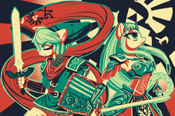 Size: 1280x852 | Tagged: safe, artist:rastaquouere69, anthro, hyrule warriors, limited palette, link, master sword, princess zelda, shield, sword, the legend of zelda