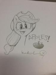 Size: 768x1024 | Tagged: safe, artist:katie cook, applejack, g4, apple, female, monochrome, open mouth, portrait, smiling, solo, that pony sure does love apples, traditional art