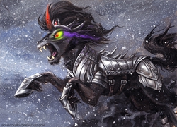 Size: 791x571 | Tagged: safe, artist:kenket, artist:spainfischer, king sombra, pony, unicorn, g4, acrylic painting, armor, badass, curved horn, epic, fangs, get, horn, index get, male, open mouth, running, sheath, snow, snowfall, solo, sombra eyes, stallion, traditional art