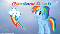 Size: 1920x1080 | Tagged: safe, artist:brightrai, artist:jennieoo, rainbow dash, pegasus, pony, g4, alternate hairstyle, cutie mark, female, grin, mare, ponytail, show accurate, solo, vector, wallpaper