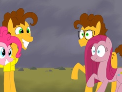 Size: 1024x768 | Tagged: safe, alternate version, artist:infogirl101, cheese sandwich, pinkie pie, the rock farmer's daughters, g4, alternate universe, grin, pinkamena diane pie, rock farm, surprised