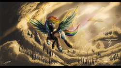Size: 1920x1080 | Tagged: safe, artist:col762nel, rainbow dash, g4, clothes, cloud, cloudy, female, flying, jacket, lightning, solo, steampunk