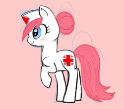 Size: 577x511 | Tagged: safe, artist:jbrid, nurse redheart, earth pony, pony, g4, blushing, cute, female, heartabetes, mare, pink background, profile, simple background, solo