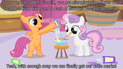 Size: 1280x720 | Tagged: safe, scootaloo, sweetie belle, g4, fight club, image macro, meme, mouth hold, science, text