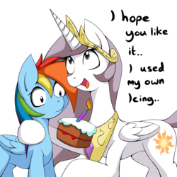 Size: 2000x2000 | Tagged: dead source, safe, artist:grumblepluck, princess celestia, rainbow dash, alicorn, pegasus, pony, princess molestia, g4, birthday, cake, dialogue, duo, female, happy birthday, high res, mare, open mouth, simple background, thousand yard stare, transparent background
