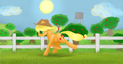 Size: 2000x1051 | Tagged: safe, artist:night-draft, applejack, g4, female, fence, orchard, running, solo, speedpaint available