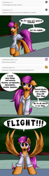 Size: 1800x6390 | Tagged: safe, artist:grennadder, scootaloo, g4, ask, clothes, female, lab coat, long legs, scientist, scientist scoots, solo, spread wings, tumblr