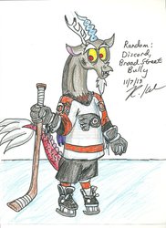 Size: 1024x1408 | Tagged: safe, artist:madame-finitevus1890, discord, g4, hockey, male, nhl, philadelphia flyers, solo