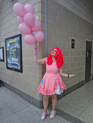 Size: 768x1024 | Tagged: safe, artist:askaluna, pinkie pie, human, g4, 2013, balloon, convention, cosplay, irl, irl human, london mcm expo, photo, solo