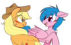 Size: 500x319 | Tagged: safe, artist:the-chibster, applejack, firefly, earth pony, pegasus, pony, g1, g4, applejack's hat, blushing, cowboy hat, female, freckles, g1 to g4, generation leap, generational ponidox, hat, lesbian, looking at each other, looking at someone, mare, open mouth, open smile, raised hoof, ship:firejack, shipping, simple background, smiling, white background