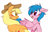 Size: 500x319 | Tagged: safe, artist:the-chibster, applejack, firefly, earth pony, pegasus, pony, g1, g4, applejack's hat, blushing, cowboy hat, cross-generational shipping, female, freckles, g1 to g4, generation leap, generational ponidox, hat, lesbian, looking at each other, looking at someone, mare, open mouth, open smile, raised hoof, ship:firejack, shipping, simple background, smiling, white background