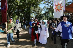 Size: 960x639 | Tagged: safe, artist:tezziecosplay, artist:tezziedaosta, king sombra, princess celestia, human, g4, 2013, clothes, convention, cosplay, festival, flag, gloves, hanging banner, irl, irl human, photo, texas renaissance festival