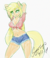 Size: 1000x1164 | Tagged: safe, artist:sugarcup, applejack, earth pony, anthro, g4, bedroom eyes, belly button, clothes, daisy dukes, female, front knot midriff, midriff, shorts, sketch, solo