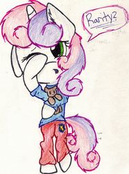 Size: 1284x1727 | Tagged: safe, artist:melchiorflyer, sweetie belle, pony, unicorn, g4, bed mane, bipedal, clothes, female, pajamas, solo, teddy bear, traditional art
