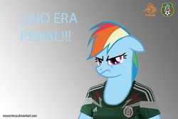 Size: 600x400 | Tagged: safe, rainbow dash, g4, angry, clothes, female, jersey, mexico, netherlands, no era penal, solo