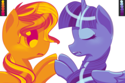 Size: 3000x2000 | Tagged: safe, artist:catopia26, sunset shimmer, twilight sparkle, alicorn, pony, unicorn, g4, female, high res, limited palette, mare, simple background, transparent background, twilight sparkle (alicorn)