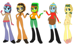 Size: 1024x607 | Tagged: safe, artist:chibinekogirl102, equestria girls, g4, butters stotch, clothes, crossover, dress, equestria girls-ified, eric cartman, kenny mccormick, kyle broflovski, looking at you, male, marjorine, raised eyebrow, rule 63, skirt, smiling, smirk, south park, stan marsh