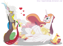 Size: 3720x2688 | Tagged: dead source, source needed, safe, artist:jaquelindreamz, discord, princess celestia, g4, beard, blushing, bouquet, eris, facial hair, female, flower, heart, high res, kiss mark, lipstick, male, moustache, neckbeard, on back, prince solaris, rule 63, ship:soleris, shipping, sideburns, simple background, smiling, straight, transparent background