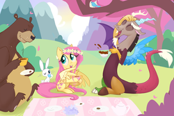 Size: 5400x3600 | Tagged: safe, artist:meekcheep, angel bunny, discord, fluttershy, harry, g4, absurd resolution, eyes closed, floral head wreath, flower in hair, laughing, picnic, sitting, tea, tea party