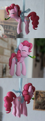 Size: 700x1852 | Tagged: safe, artist:alisterosenheim, pinkie pie, earth pony, pony, g4, craft, eyes closed, irl, party horn, sculpture, solo, suspended