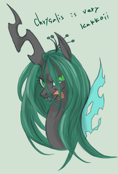 Size: 754x1106 | Tagged: safe, artist:wolhim, queen chrysalis, changeling, changeling queen, g4, crown, fangs, female, horn, jewelry, regalia, simple background, slit pupils, smiling, solo, text, tongue out, traditional art, wings