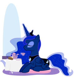 Size: 570x600 | Tagged: safe, artist:dm29, princess luna, g4, cake, eyes closed, female, magic, prone, simple background, solo, tea, transparent background