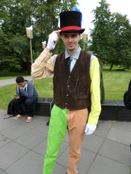 Size: 3456x4608 | Tagged: safe, artist:juu50x, discord, human, g4, cosplay, crystal fair con, finland, finlandia hall, hat, irl, irl human, outdoors, photo, pose, solo, top hat