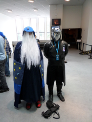 Size: 3456x4608 | Tagged: safe, artist:juu50x, star swirl the bearded, human, g4, beard, brony commander, cosplay, crystal fair con, finland, finlandia hall, helmet, indoors, irl, irl human, photo, pose