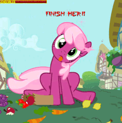 Size: 424x429 | Tagged: safe, edit, edited screencap, screencap, cheerilee, earth pony, pony, g4, secret of my excess, animated, apple, bag, carrot, circling stars, derp, dizzy, female, finish her, grapes, image macro, lemon, meme, mortal kombat, paper bag, solo, stars, strawberry, tongue out
