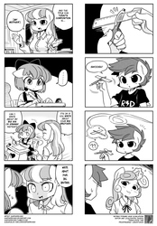 Size: 900x1290 | Tagged: safe, artist:shepherd0821, apple bloom, big macintosh, cheerilee, scootaloo, sweetie belle, earth pony, anthro, g4, 4koma, ambiguous facial structure, card crusher, comic, female, glorious master race, male, monochrome, obsession, scootaloo can't fly, ship:cheerimac, shipping, smug, straight, translation, unicorn master race, yandeerilee, yandere