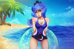 Size: 3000x2000 | Tagged: safe, artist:twigileia, princess luna, human, g4, beach, clothes, female, high res, humanized, inner tube, one-piece swimsuit, solo, swimsuit
